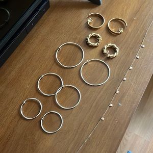Lot of clip on hoops braided gold and silver hoops + j crew necklace